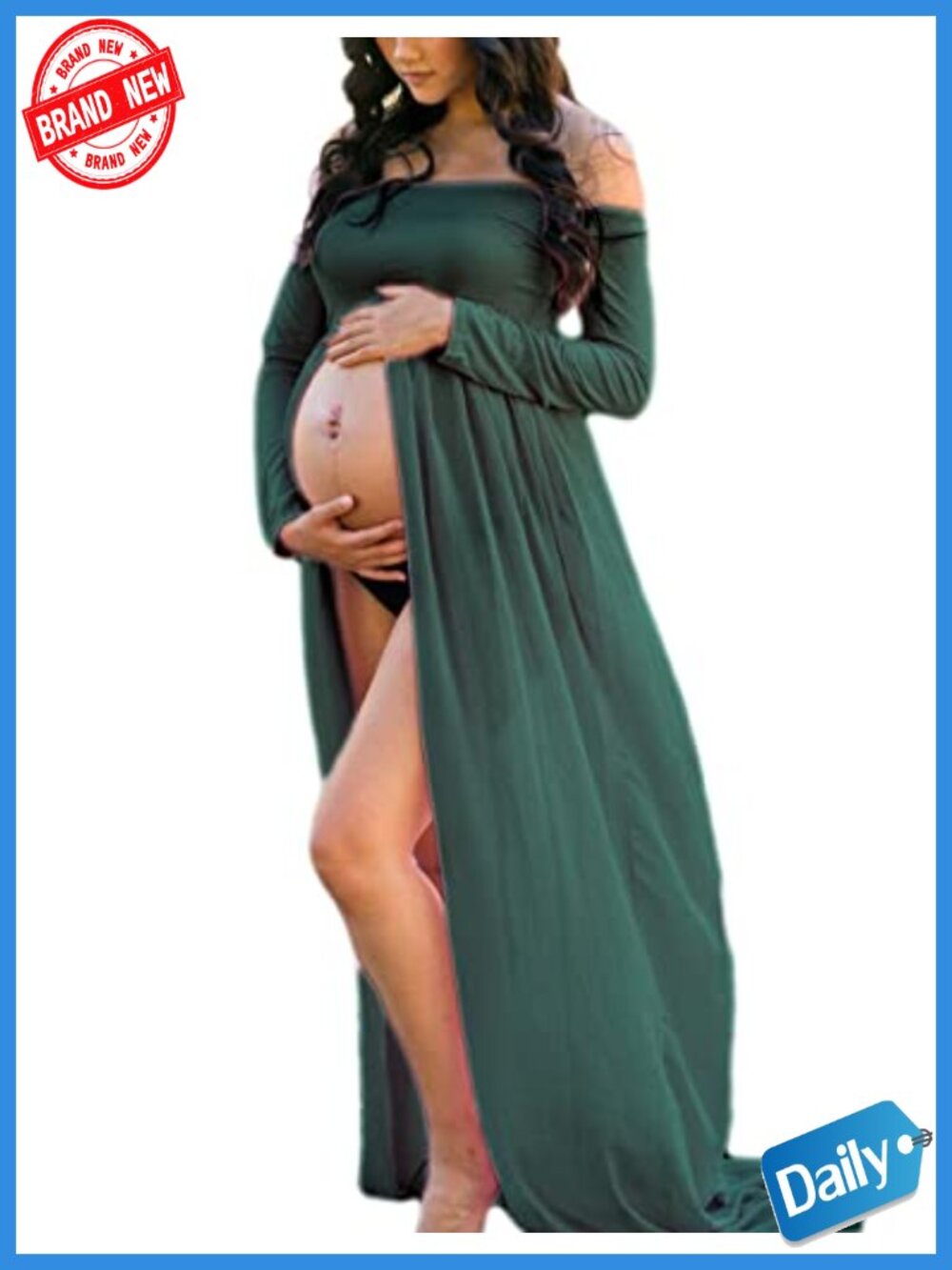 Maternity Off Shoulder Chiffon Maxi Dress Long Sleeve Front Split Photoshoot